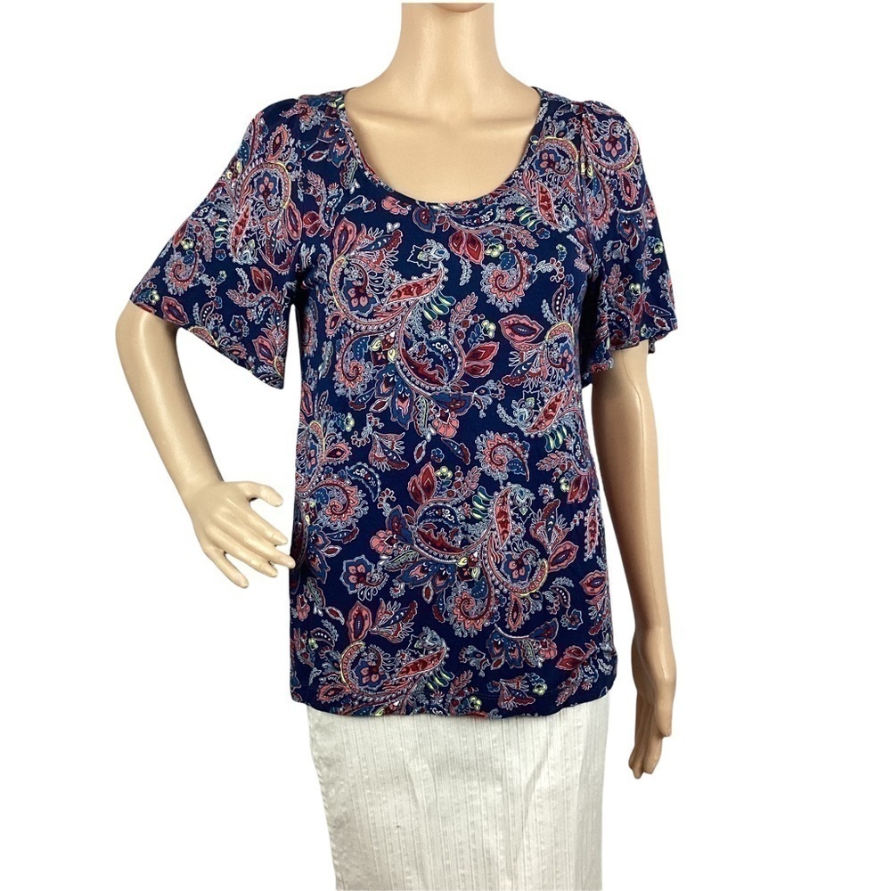 LOFT Top Size S Blue Print Short Sleeve Casual